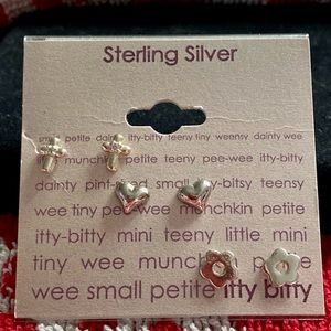 🆕ITTY BITTY STERLING SILVER EARRINGS. 3 PAIR. CROSSES, HEARTS, AND FLOWERS.